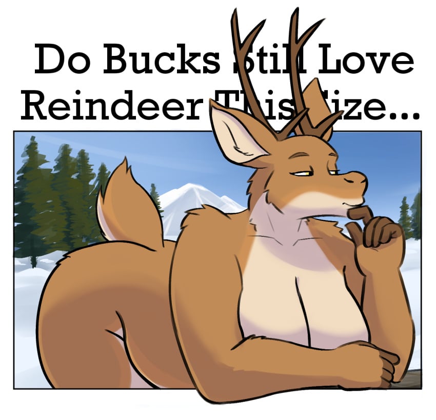 2024 anthro antlers ass bent_over big_breasts big_butt breasts deer do_men_still_love_women_this_size english_text evergreen_tree female fur hi_res horn huge_breasts kikideernunda mammal meme mountain multicolored_body multicolored_fur narrowed_eyes nude orange_body orange_fur pine_tree plant reindeer sky slightly_chubby snow solo tan_body tan_fur text thinking tree tundra yellow_eyes