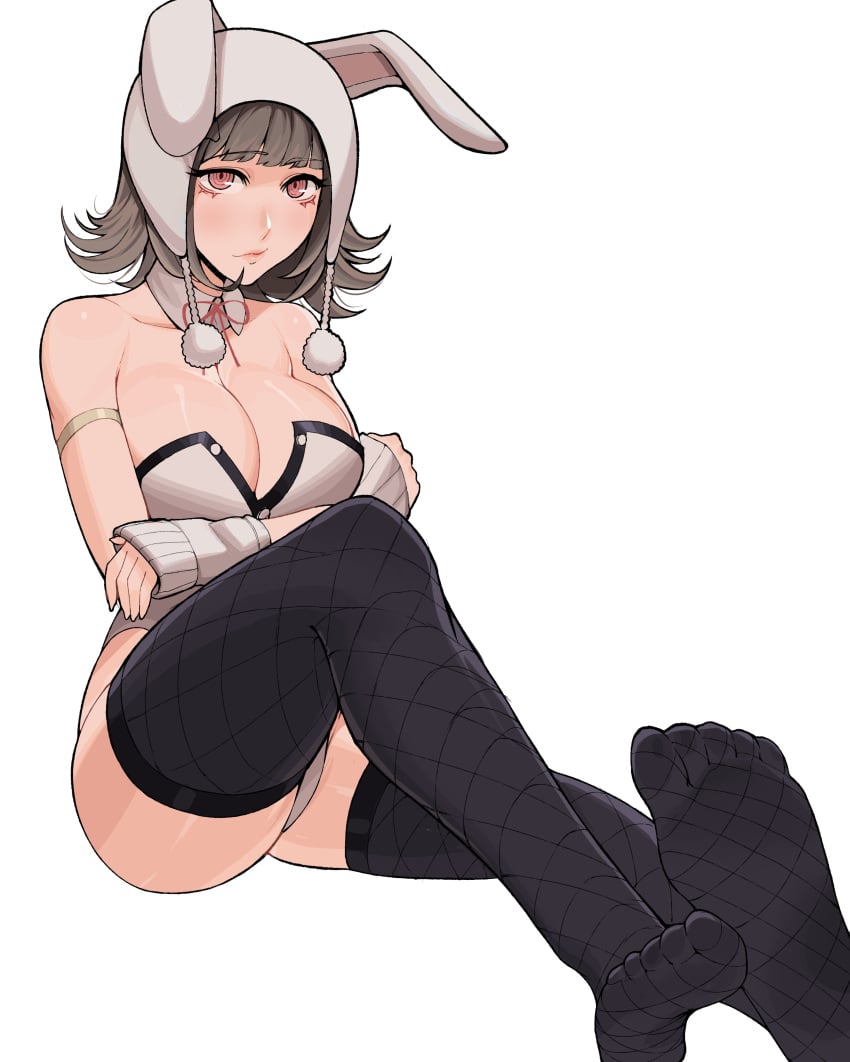 1girls alternate_costume animal_ears arm_strap arms_under_breasts big_breasts black_thighhighs bojinkoo breasts bunny_ears bunnysuit closed_mouth collar collarbone crossed_arms danganronpa danganronpa_2:_goodbye_despair detached_collar detached_sleeves expressionless eyebrows eyelashes fake_animal_ears female female_focus fishnet_thighhighs fishnets full_body grey_hair hat knee_up large_breasts leotard light_blush lips looking_at_viewer medium_hair nanami_chiaki pink_eyes playboy_bunny rabbit_ears simple_background sitting sleeves_past_wrists solo strapless strapless_leotard thighhighs thighs toes white_background white_collar white_hat white_leotard white_sleeves