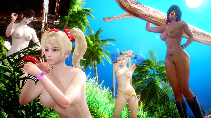 3d 4girls artemisdev brazilian brazilian_female crossover dark-skinned_female dark_skin dead_or_alive female female_only juliet_starling katarina_alves lollipop_chainsaw marie_rose nude_female outdoors tekken tekken_7