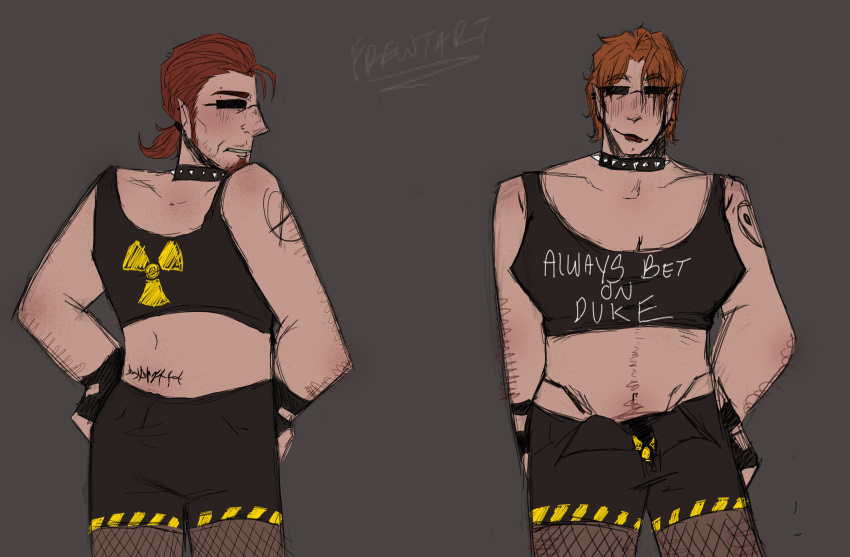 1boy body_hair choker duke_nukem fat fat_man fishnet_stockings fishnets ginger ginger_hair ginger_pubic_hair male male_focus male_only mullet piercings postal_(series) postal_doe postal_dude pubic_hair_peek solo sunglasses sunglasses_on_face thong tramp_stamp