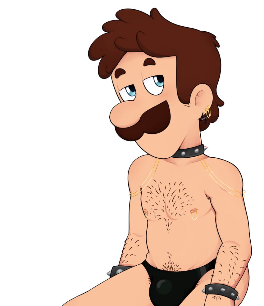 1boy 1male almost_naked big_nose blue_eyes blush body_hair body_jewelry brown_hair bulge bulge_through_clothing cartoony choker collar digital_drawing_(artwork) digital_media_(artwork) earrings gold_(metal) gold_jewelry hairy hairy_arms hairy_chest hairy_male half-closed_eyes jewelry leather leather_collar leather_cuffs leather_pants leather_underwear luigi male male_nipples male_only mario_(series) moustache muscular_male navel nipple_piercing nipples not_ai_generated pecs piercings pubes pubic_hair shaded short_hair short_male simple_shading sitting spiked_bracelet spiked_collar super_mario_bros. underwear