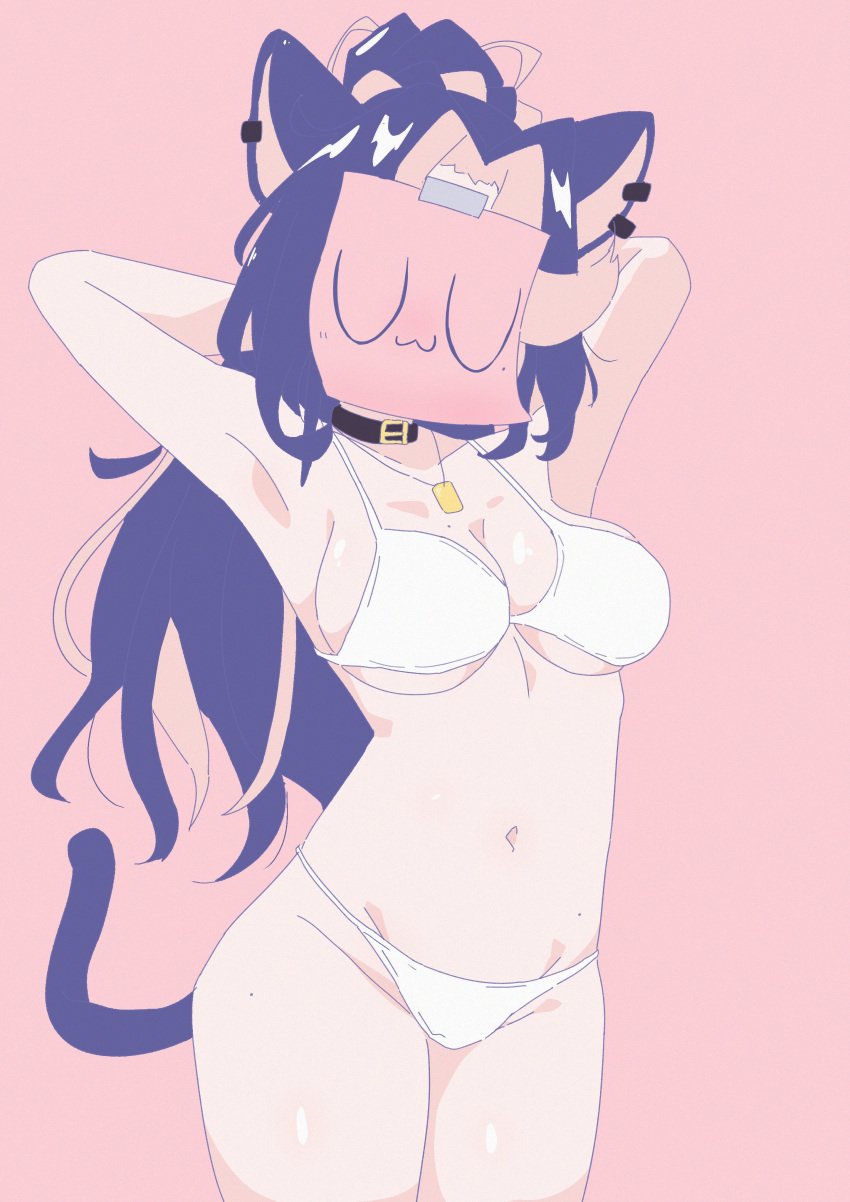 1girls 2d 2d_(artwork) animal_ears animal_tail arms_behind_head belly_button bikini blue_hair cat_tail catgirl ear_piercing face_covered female female_focus female_only feru front_view high_resolution highres hourglass_figure latam_virtual_youtuber light-skinned_female light_skin long_hair mole mole_on_breast panther_girl paper paper_mask paper_on_head pink_hair ponytail shura_hiwa simple_background solo solo_female standing swimsuit two_piece_swimsuit two_tone_hair uwu virtual_youtuber vjin vtuber vtuberfanart white_background white_bikini young younger_female