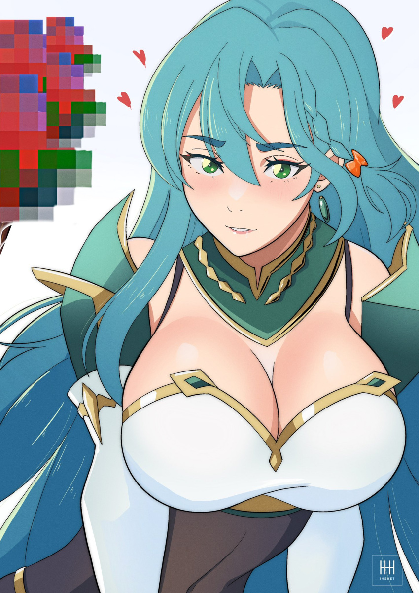 1girls aqua_hair bare_shoulders bow braid breasts censored censored_food chloe_(fire_emblem) cleavage earrings female female female_only fire_emblem fire_emblem_engage green_eyes grey_background grin hairbow highres ihsnet jewelry large_breasts long_hair mosaic_censoring nintendo orange_bow parted_lips smile solo upper_body very_long_hair