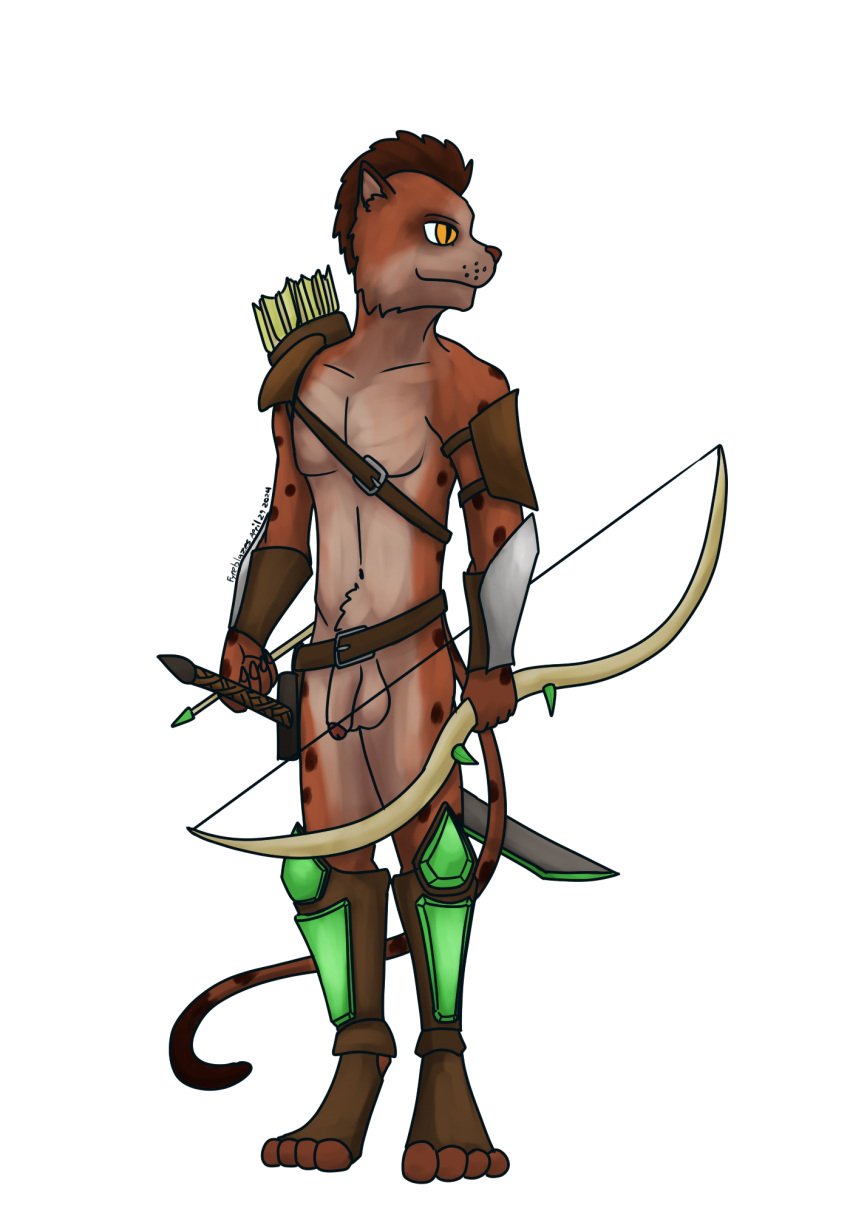 anthro armor bethesda_softworks bow_(weapon) bracers clothing felid feline footwear fur fyreblazes hi_res jbashaar khajiit male male_only mammal melee_weapon microsoft quiver_(object) ranged_weapon red_body red_fur solo sword the_elder_scrolls weapon wristwear