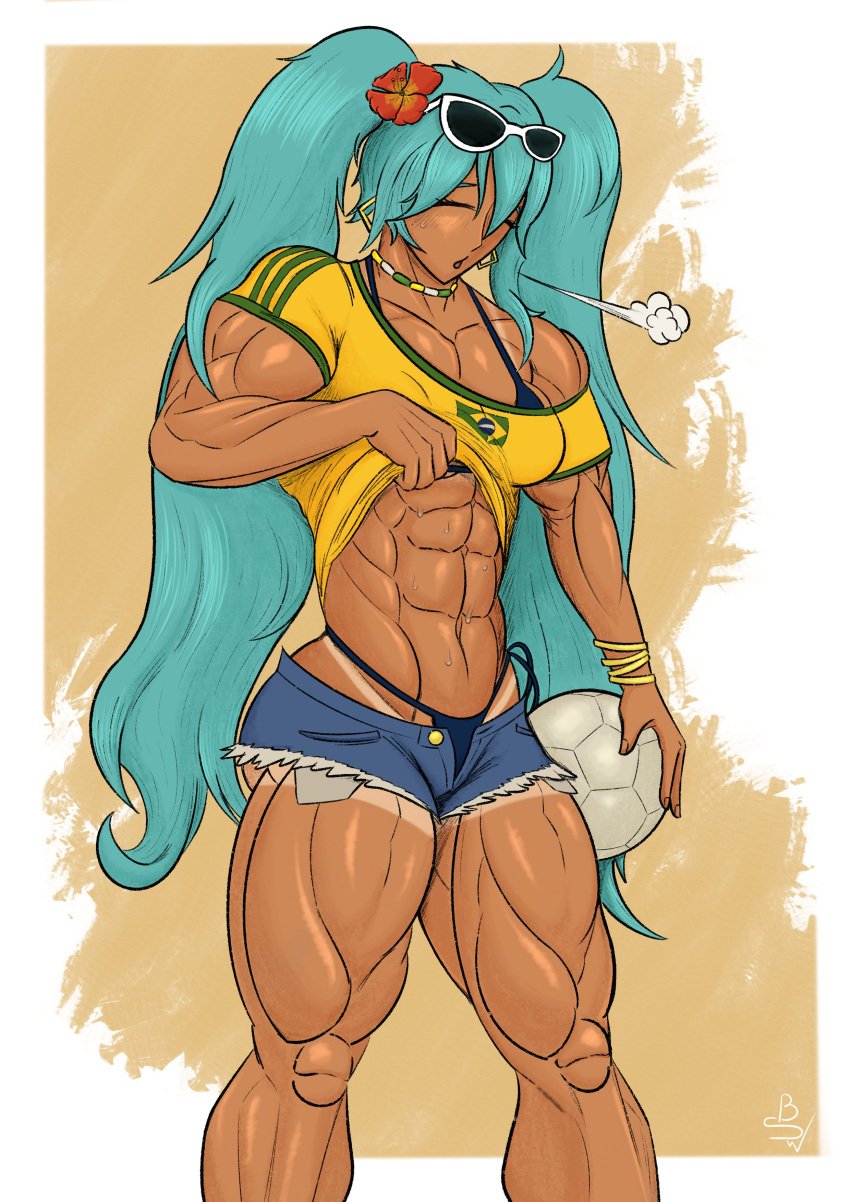 1girls abs aqua_hair balderswordsman bikini brazil brazilian brazilian_female brazilian_flag brazilian_miku breasts defined_muscles exhausted female female_only hatsune_miku latin_american_hatsune_miku_(meme) long_hair muscular muscular_female pulling_shirt_up shirt_lift shirt_pull shirt_up showing_off soccer solo solo_female solo_focus sweating tan_body thighs thong_bikini twintails unbuttoned_shorts vocaloid yellow_shirt