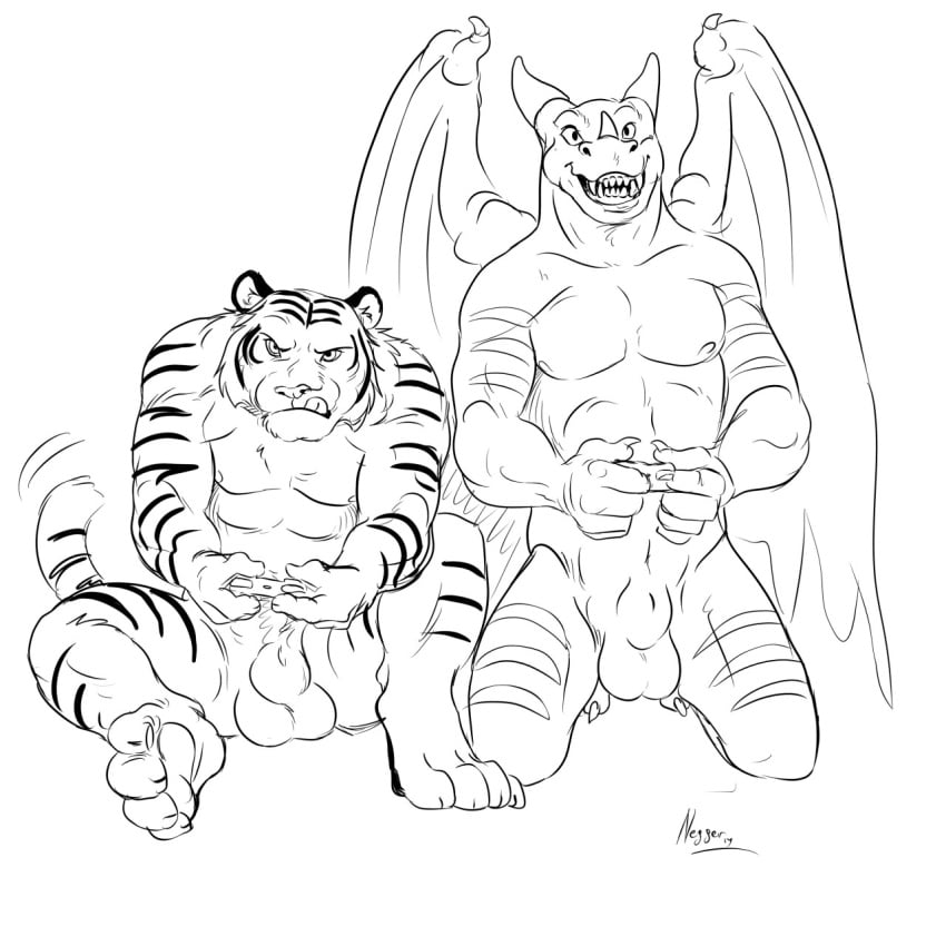 2014 anthro balls black_and_white dragon duo feline fur furry gaming male male_only mammal monochrome negger plasdurock playing_video_game tabra tiger