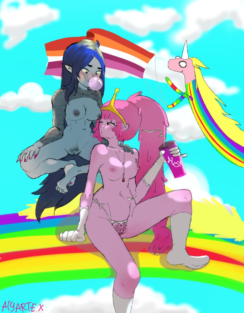 adventure_time canon_couple digital_media_(artwork) female lady_rainicorn lesbian lesbian_couple lesbian_pride_colors lesbians marceline marceline_the_vampire_queen nipple_piercing not_ai_generated pink_body pink_hair pink_skin princess_bubblegum vampire wholesome yuri