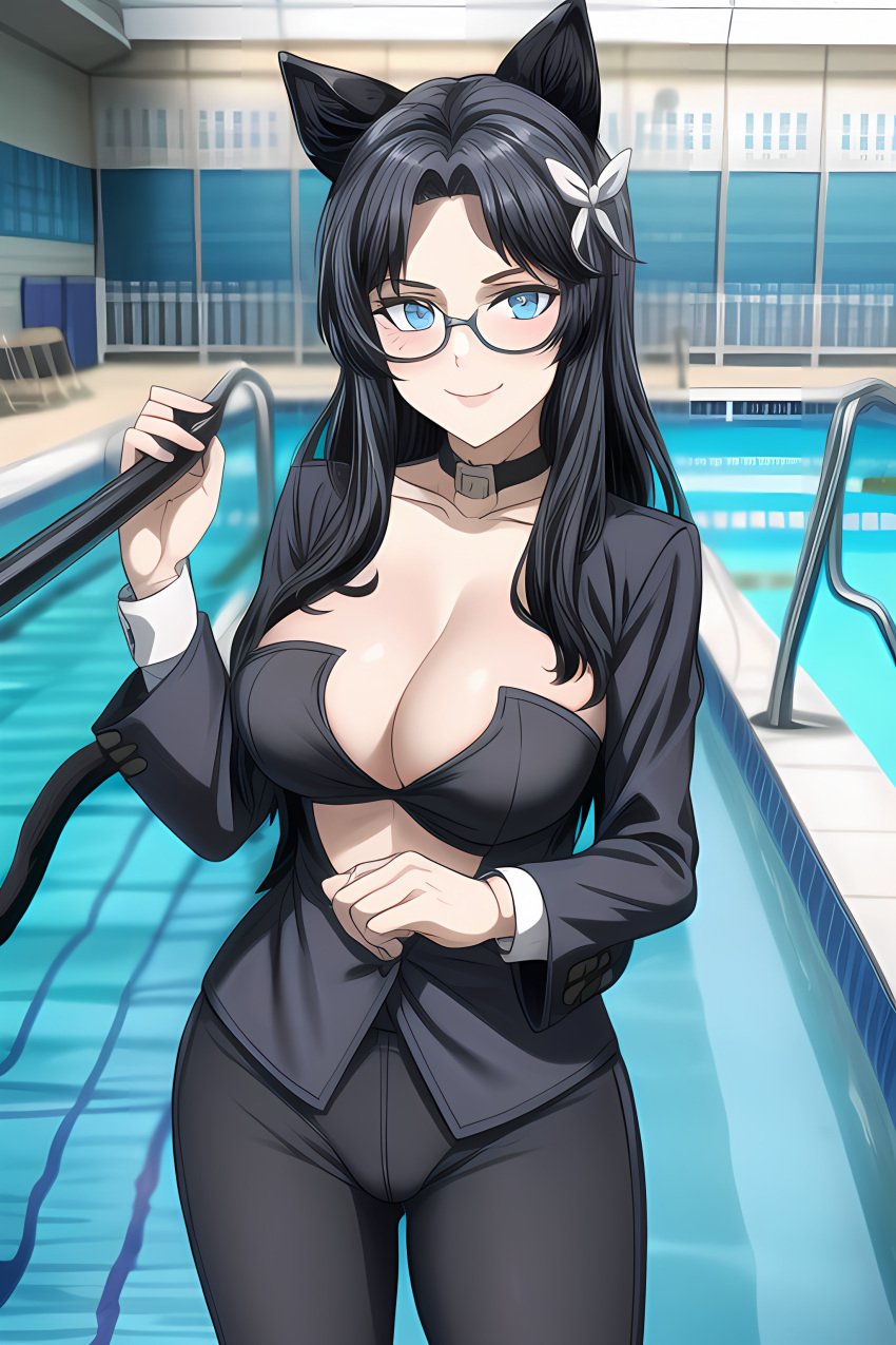 1girls ai_generated ass ass_focus big_breasts black_hair blue_eyes breasts cat_ears cat_tail catgirl female female_focus female_only glasses huge_ass huge_breasts large_breasts long_hair mature_female milf office_lady poolside thighs