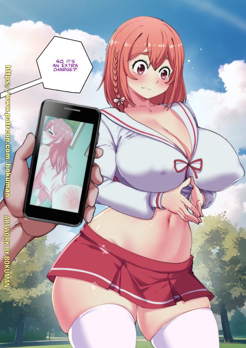 1boy 1girls alternate_body_type alternate_breast_size big_breasts blush bokuman cleavage clothing crop_top curvaceous_female embarrassed female hair_ornament hair_ribbon hanging_breasts holding_object holding_phone huge_breasts kanojo_okarishimasu legwear looking_at_viewer male microskirt outdoors phone pink_hair pov prostitution public red_eyes ribbon sailor_uniform sakurasawa_sumi school_uniform shirt short_hair skirt solo_focus speech_bubble standing stockings thick_thighs thighs uniform voluptuous voluptuous_female