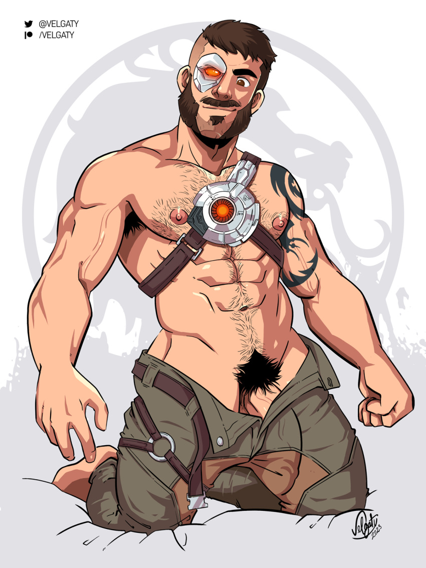 armpit_hair balls bara beard big_balls big_penis bulge bulge_through_clothing cybernetic_eye daddy dilf erection_under_clothes facial_hair flaccid kano_(mortal_kombat) male male_nipples male_only male_pubic_hair manly mature_male mortal_kombat mortal_kombat_11 moustache muscular_male netherrealm_studios nipples penis penis_outline solo solo_male velgaty