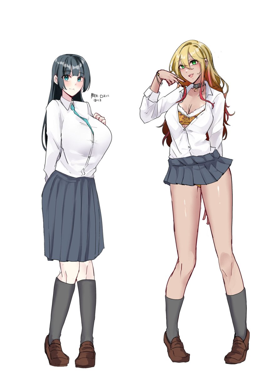 2girls bangs black_hair blonde_hair blonde_to_pink_hair blue_eyes blunt_bangs bra breasts choker cleavage close_rim_open green_eyes gyaru leopard_print leopard_print_bra long_hair multiple_girls necktie open_clothes open_mouth original original_character panties panty_peek school_uniform skirt unbuttoned underwear yellow_panties