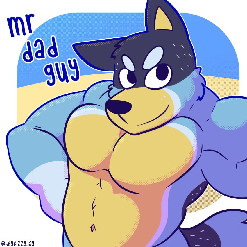 anthro australian_cattle_dog bandit_heeler black_eyes blue_body blue_fur bluey_(series) canid canine canis cattledog daddy_kink domestic_dog fizzyjay fur herding_dog hi_res letters male mammal muscular muscular_male pastoral_dog pecs simple_background solo solo_male