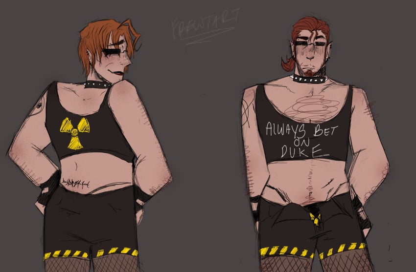 body_hair choker duke_nukem fishnet_stockings fishnets ginger ginger_hair ginger_pubic_hair male_focus mullet piercings postal_(series) postal_doe postal_dude pubic_hair_peek sunglasses sunglasses_on_face thong tramp_stamp