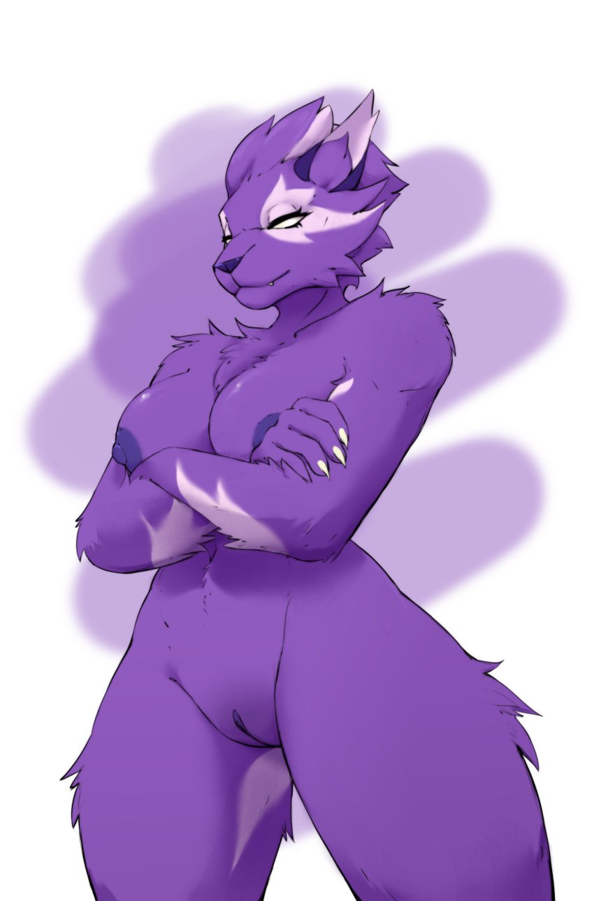 anthro asuri_(brawlhalla) brawlhalla breasts crossed_arms cute_fangs felid feline female fur genitals lynx mammal nipples no_pupils nude purple_body pussy ququqee399e solo thick_thighs