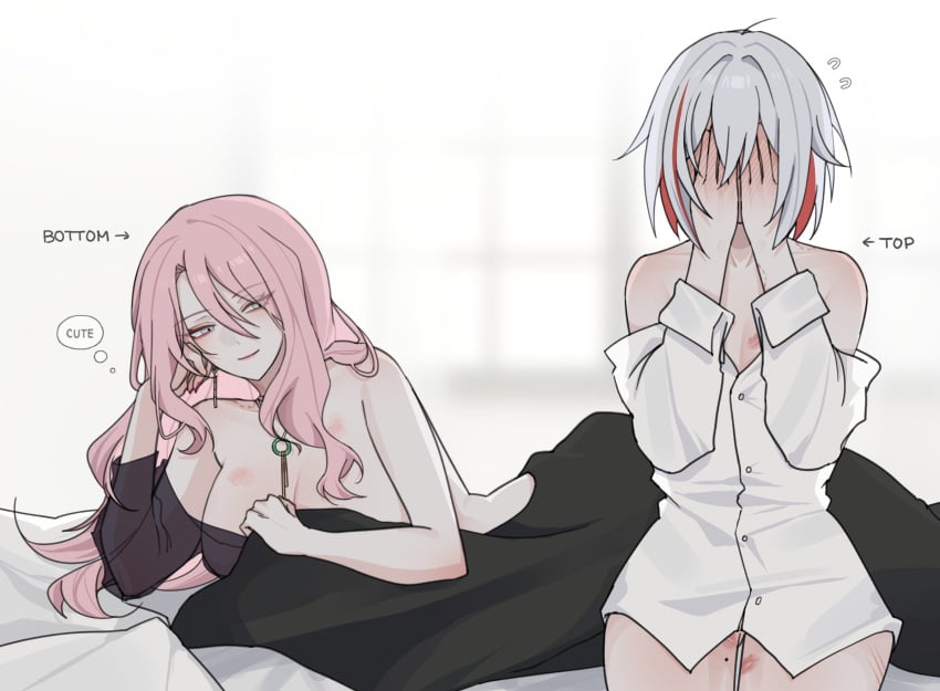 2girls after_sex bite_mark blush blush_lines covering covering_face female female_focus female_only honkai:_star_rail honkai_(series) jade_(honkai:_star_rail) large_breasts light-skinned_female light_skin lipstick lipstick_mark long_hair looking_at_partner multiple_girls pink_hair playful playful_smile romantic romantic_couple seol_(artist) shirt_only short_hair shy silver_eyes smile smiling smiling_at_partner tagme topaz_(honkai:_star_rail) white_hair yuri