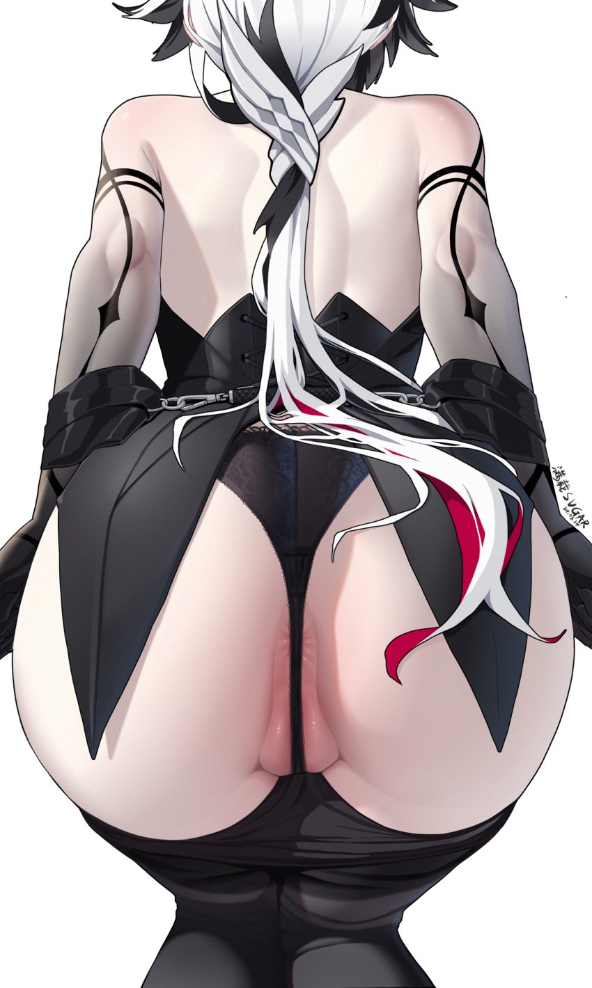 adapted_costume anus anus_peek arlecchino_(genshin_impact) ass ass_focus backless_outfit black_hair black_hands black_panties black_skin clawed_hands colored_extremities colored_skin commentary_request female from_behind genshin_impact gradient_skin highres huge_ass low_ponytail manzai_sugar multicolored_hair official_alternate_costume panties pants partially_visible_vulva red_hair solo streaked_hair thighs thong underwear white_hair