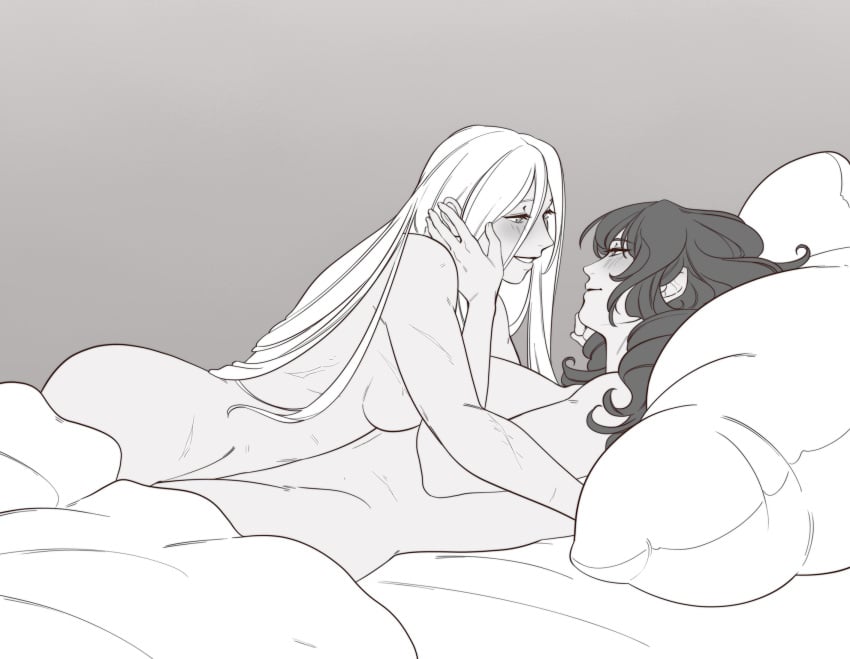 2girls bed bed_sheet blush byleth_(fire_emblem) byleth_(fire_emblem)_(female) completely_nude edelgard_von_hresvelg female female_only fire_emblem fire_emblem:_three_houses grey_background greyscale hand_on_another's_face highres imminent_sex long_hair looking_at_another lying lying_on_back lying_on_bed lying_on_person lying_on_stomach monochrome nintendo romantic romantic_couple ruebird scar scars_all_over sideboob smile source_request toned toned_female white_hair wholesome yuri