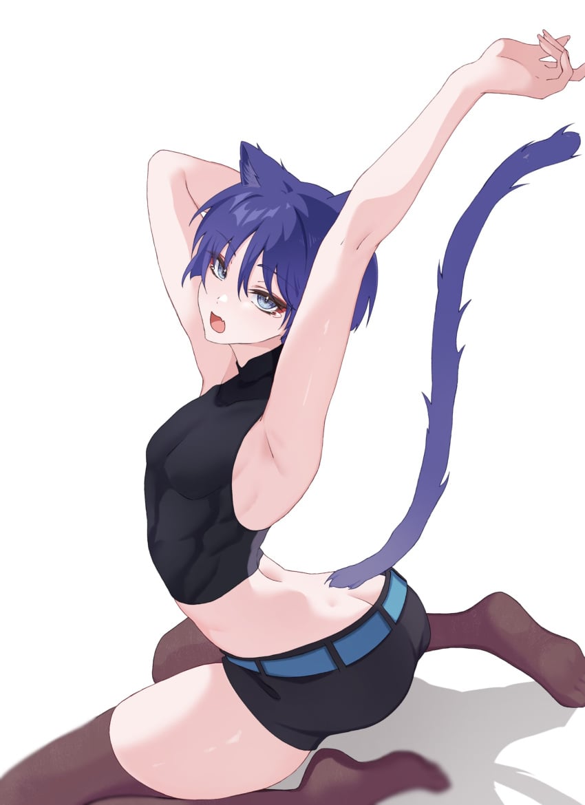 1boy armpits arms_up ass blue_eyes blue_hair butt_crack cat_ears cat_tail catboy chobonu clothed genshin_impact looking_at_viewer male_only scaramouche_(genshin_impact) shorts solo stretching thighhighs twink