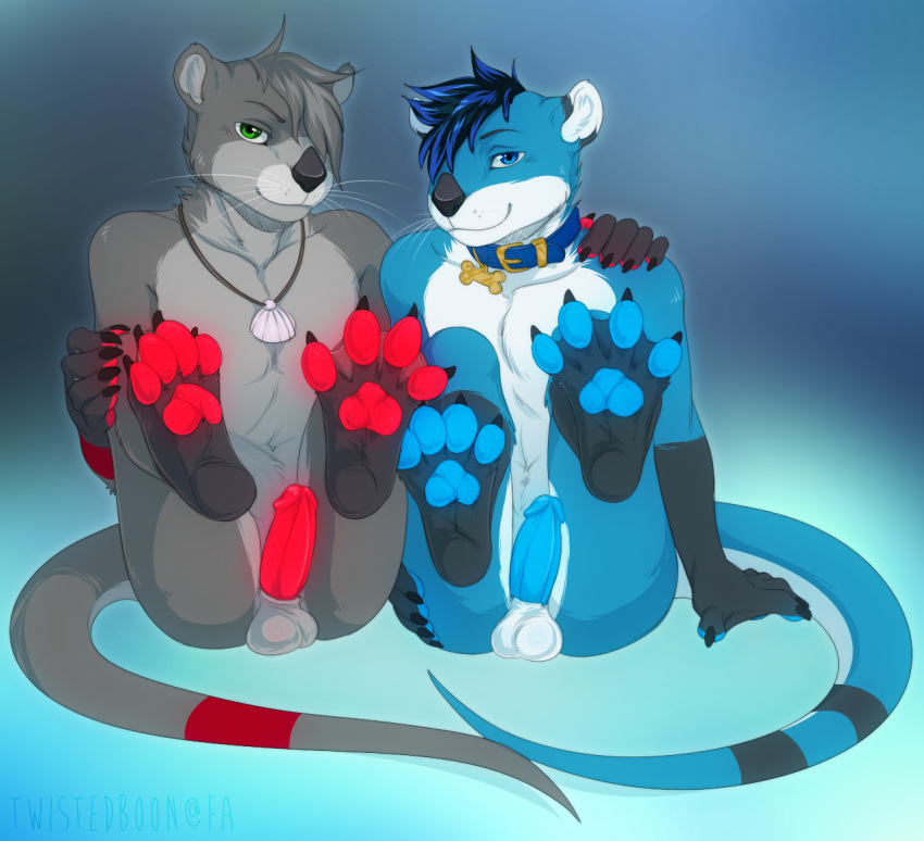 anthro balls black_nose blue_eyes claws collar duo fur glowing green_eyes hair hindpaw jazz_otter looking_at_viewer male male_only mammal mustelid necklace nude otter pawpads paws penis rooc sitting smile tek_otter webbed_feet webbed_hands whiskers