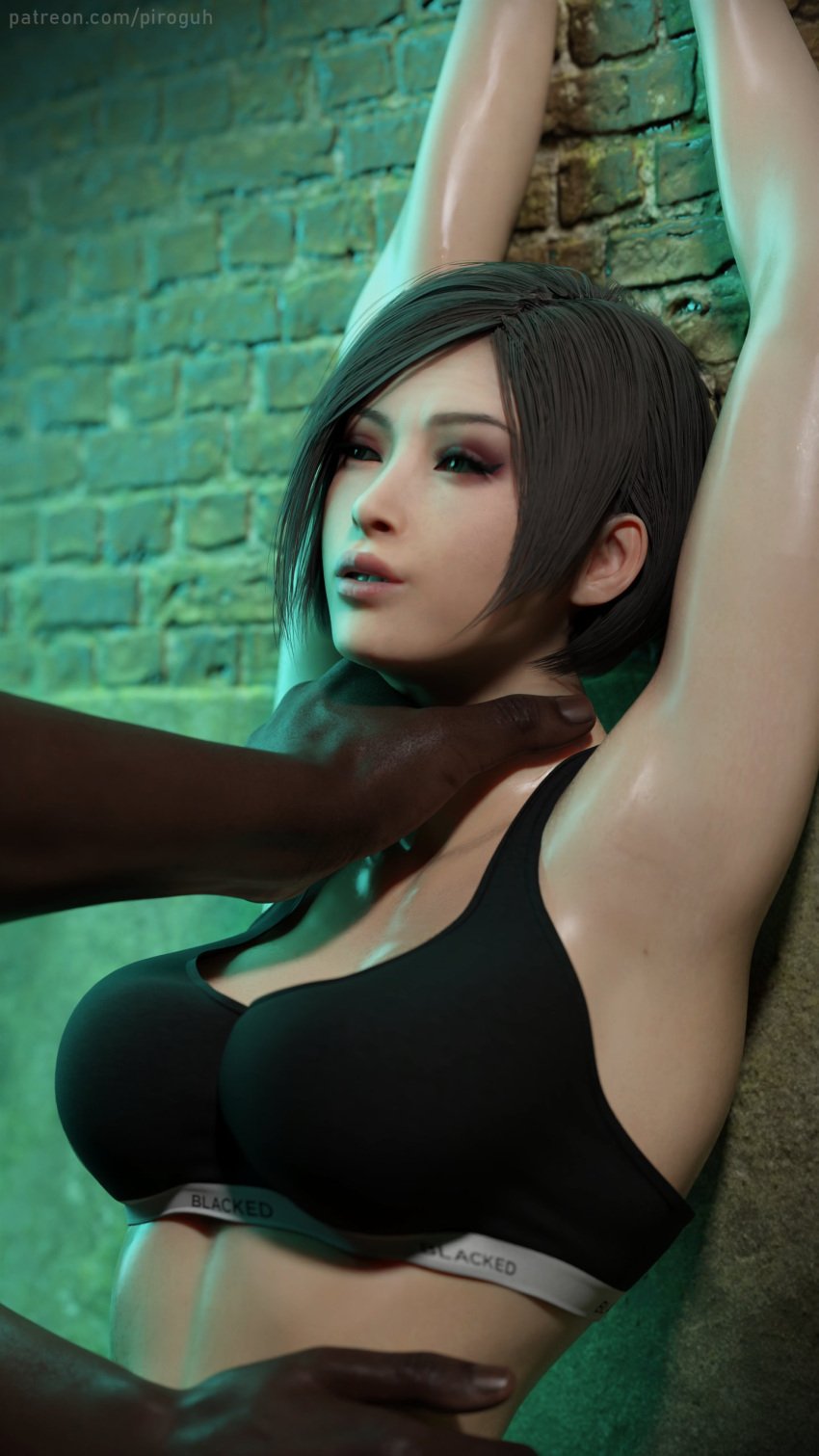 1boy 1girls 3d 3d_(artwork) 3d_model ada_wong against_wall aggressive_male black_hair blacked blacked_clothing brown_eyes capcom dark-skinned_male dark_skin dominant dominant_male female female/male female_focus female_human femsub foreplay good_girl indoors interracial light-skinned_female light_skin maledom manhandling melanin piroguh resident_evil resident_evil_4 resident_evil_4_remake seductive seductive_eyes seductive_look submissive submissive_female throat_grab turned_on