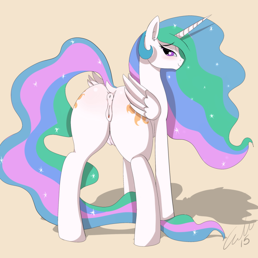 2015 alicorn animal_genitalia anus ass blush crotchboobs cutie_mark dock equine equine_pussy female feral friendship_is_magic hair horn long_hair looking_at_viewer looking_back mammal matimus91 multicolored_hair my_little_pony princess_celestia_(mlp) puffy_anus pussy smile solo wings