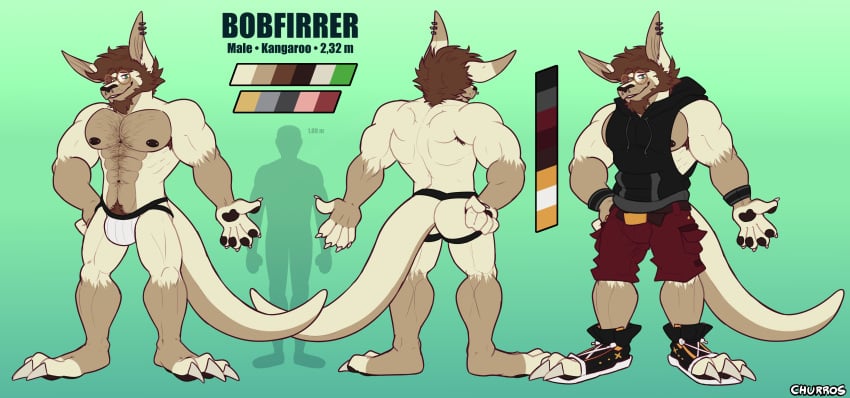 2023 abs absurd_res anthro ass bobfirrer body_hair chest_hair churrosolixoso clothed clothing eyewear front_view glasses hi_res jockstrap kangaroo macropod male mammal marsupial model_sheet muscular muscular_anthro muscular_male nipples pecs pubes rear_view solo underwear