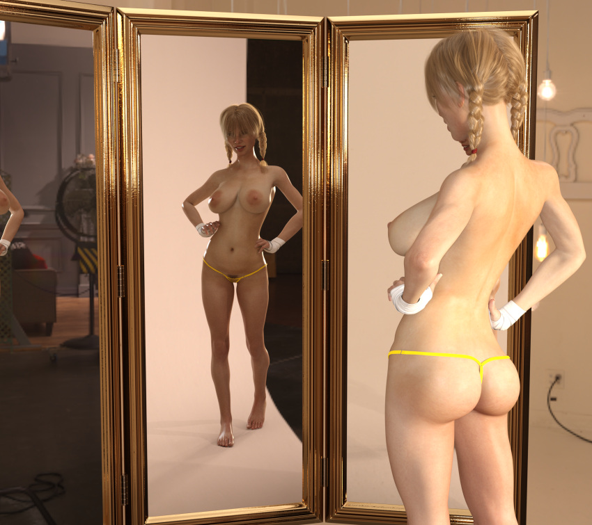 1girls 3d ass blonde_hair cb1964 large_breasts mirror original thong topless topless_female twintails yellow_thong