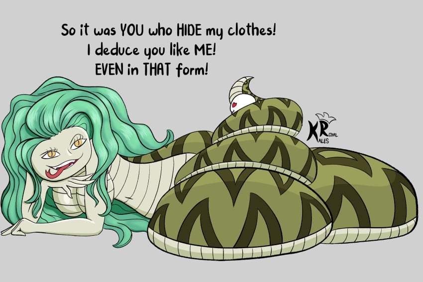 anaconda animal_humanoid anthro big_breasts boa_sandersonia breasts coiling draconcopode duo female femdom green_body green_hair green_skin happy_face heart_eyes kalesroyal male non-mammal_breasts one_piece reptile_humanoid snake snake_girl snake_humanoid text