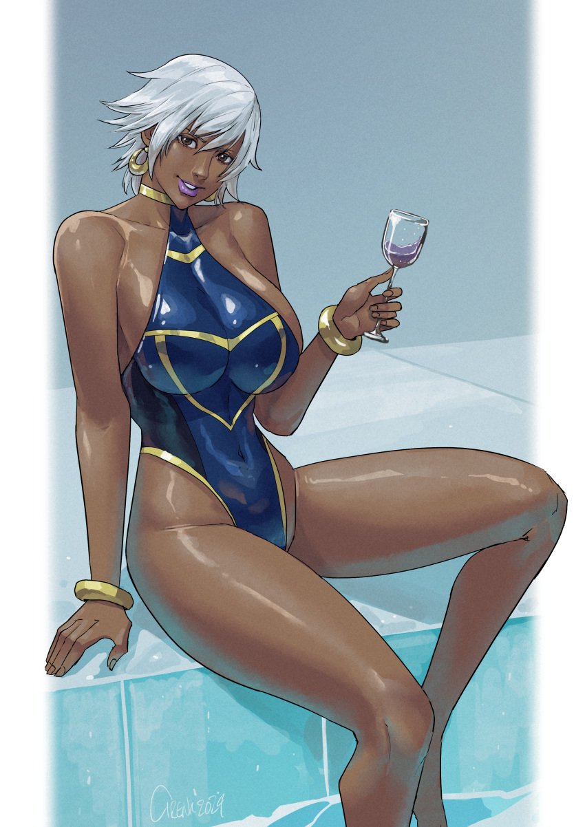 1girls big_breasts blue_swimsuit brown_eyes champagne_glass cirenk dark-skinned_female dark_skin female female_only gold_bracelet gold_earrings holding_glass looking_at_viewer marvel marvel_comics no_sex non-nude one-piece_swimsuit ororo_munroe poolside purple_lipstick short_hair_female short_white_hair sideboob sitting sitting_on_poolside smile smiling smiling_at_viewer solo storm_(x-men) swimsuit thick_thighs very_high_resolution white_hair wine_glass x-men x-men_(2011)