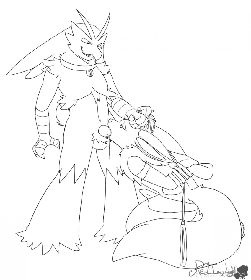 anthro avian bandai blaziken bound crossover cum digimon duo folxmon forced forced_oral fur furry hair line_art male monochrome multiple_males nintendo oral penis pokemon pokemon_(species) redimplight renamon sex testicles text video_games yaoi