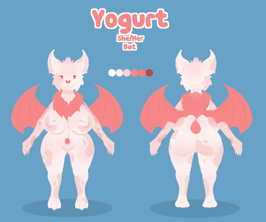 :3 absurd_res anthro areola ass baby_blue barefoot bat big_breasts big_butt blue_background breasts chest_tuft circle_eyebrows cute cute_face digital_media_(artwork) dot_eyes dragon eyebrows fangs feet female flat_colors front_view full_body fur genitals hi_res huge_breasts huge_butt looking_at_viewer mammal model_sheet neck_tuft nipples no_outlines nude paws pink_body pink_fur pink_nose png pubes pussy rear_view simple_background smile solid_color_background solo tuft wings yogurt_(yogurtbeans) yogurtbeans