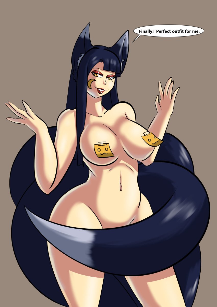 antischwert artist_name bare_shoulders belly_button breasts cat_face censored covered_nipples covering crescent_moon dark_blue_hair edited eyelashes fox fox_ears fox_eyes fox_girl fox_humanoid fox_tails hands hips hourglass_figure kitsune kitsune_girl miku moon_tattoo mostly_nude nine_tailed_fox red_eyeshadow red_lipstick round_ass sideboob speech_bubble standing sticky_note sticky_note_clothes tail tape thick_thighs yellow_eyes