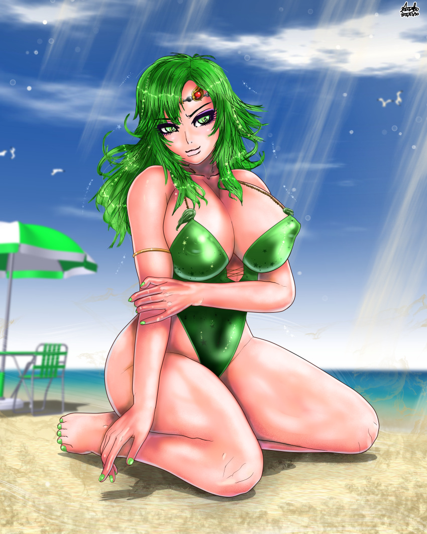 beach big_breasts bimbo breasts cleavage final_fantasy final_fantasy_iv green_hair huge_breasts huge_thighs konsomeron large_breasts rydia swimsuit thick_thighs thighs