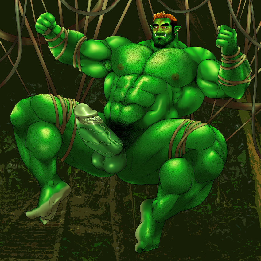 balls bara beard big_penis body_hair boner erection facial_hair green_body green_skin hitenmaru male male_only muscles muscular nude orc penis plant_tentacle solo solo_male spread_legs sweat sweating vines