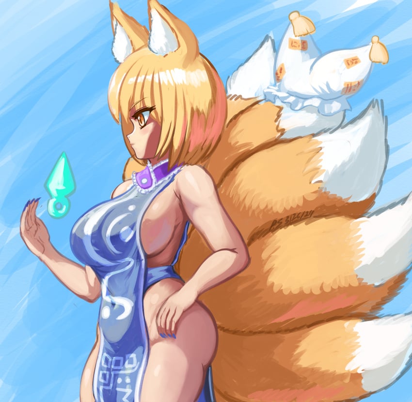 1girls 2024 2d bare_shoulders big_ass big_breasts blonde_hair blue_nail_polish blue_nails breasts female fox fox_ears fox_girl fox_humanoid fox_tail fox_tails hat hat_removed hips kitsune kitsune_girl mostly_nude mostly_nude_female nail_polish partially_clothed partially_clothed_female profitshame ran_yakumo sharp_nails short_hair sideass sideboob solo source standing tabard tabard_only thighs touhou wide_hips yellow_eyes