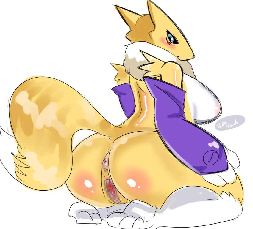 2015 anthro bandai blush breasts canine censored digimon female fur mammal nude pussy renamon solo teddy_jack