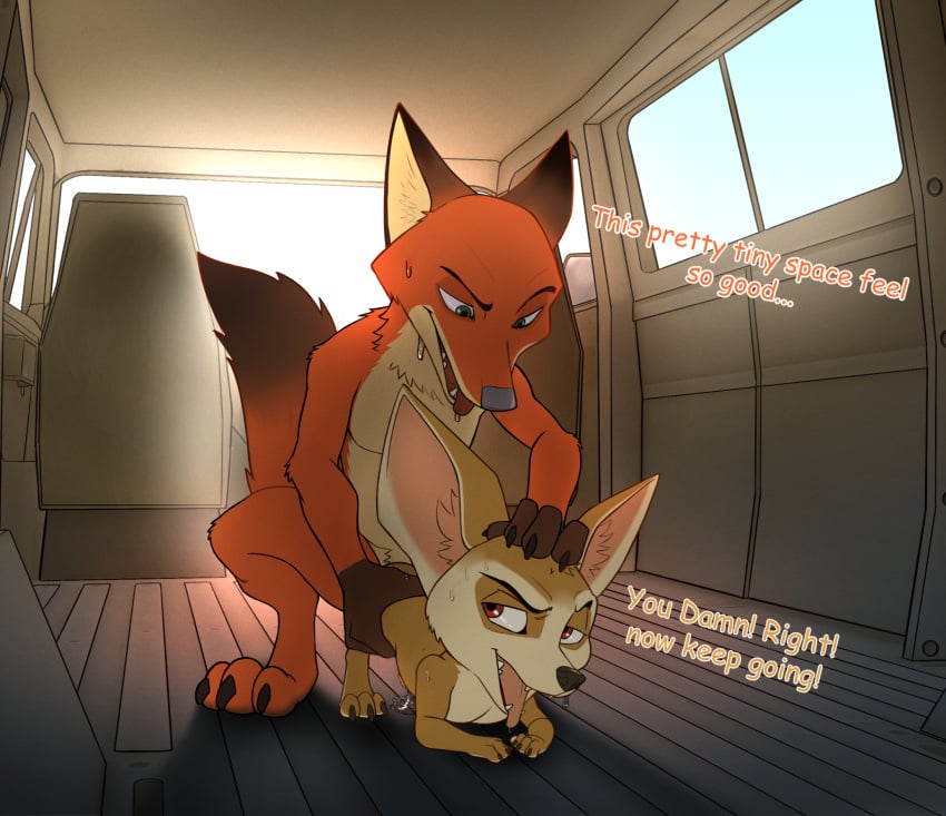 3_toes anal anthro canid canine dialogue disney duo feet fennec_fox finnick fox from_behind_position genitals hi_res male male/male mammal nick_wilde penis sex seyrmo size_difference toes true_fox yaoi zootopia