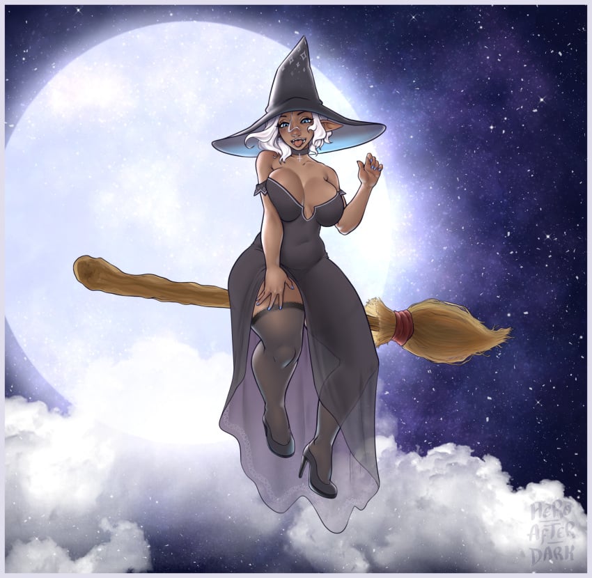 broom choker clothed clouds curvy dark_skin elf female female_only flying halloween hero-after-dark high_heels lifting_skirt moon nipples_visible_through_clothing oc original_character painted_nails pointy_ears see-through see-through_clothing short_hair sky stockings thick_thighs tongue tongue_out white_hair witch witch_hat