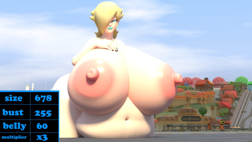 3d 3d_(artwork) belly_expansion black_nails blender blonde_hair blue_eyes breast_expansion giantess giantess_growth growth_drive huge_ass huge_belly huge_breasts kneeling light_blue_lipstick mario_(series) nintendo princess_rosalina ripped_pants squidly super_mario_galaxy