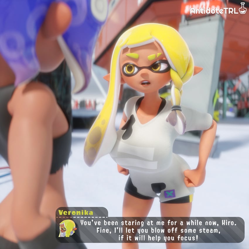 1boy 1girls 3d agent_3_(splatoon_3) antidotetrl big_breasts blue_hair breasts clothing dark_skin english_text female hiro_(splatoon) inkling inkling_girl looking_at_another male new_agent_3_(splatoon) octoling octoling_boy open_mouth pointy_ears shirt short_hair shorts splatoon splatoon_3 splatoon_3:_return_of_the_mammalians tagme tentacle_hair text veronika_(splatoon) watermark yellow_hair