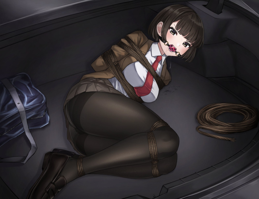 1girls angry ankles_tied arms_behind_back arms_bound ball_gag bondage car_trunk female female_focus gag glaring helpless kidnapped legs_bound office_lady pantyhose struggling thighs_together tied_up