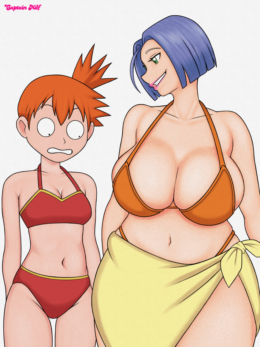 1boy 1girls big_breasts bikini blue_hair breast_awe breasts captainmilf fake_breasts game_freak green_eyes james_(pokemon) kasumi_(pokemon) light-skinned_female light-skinned_male misty_(pokemon) nintendo pink_lipstick pokemon red_hair small_breasts smiling surprised