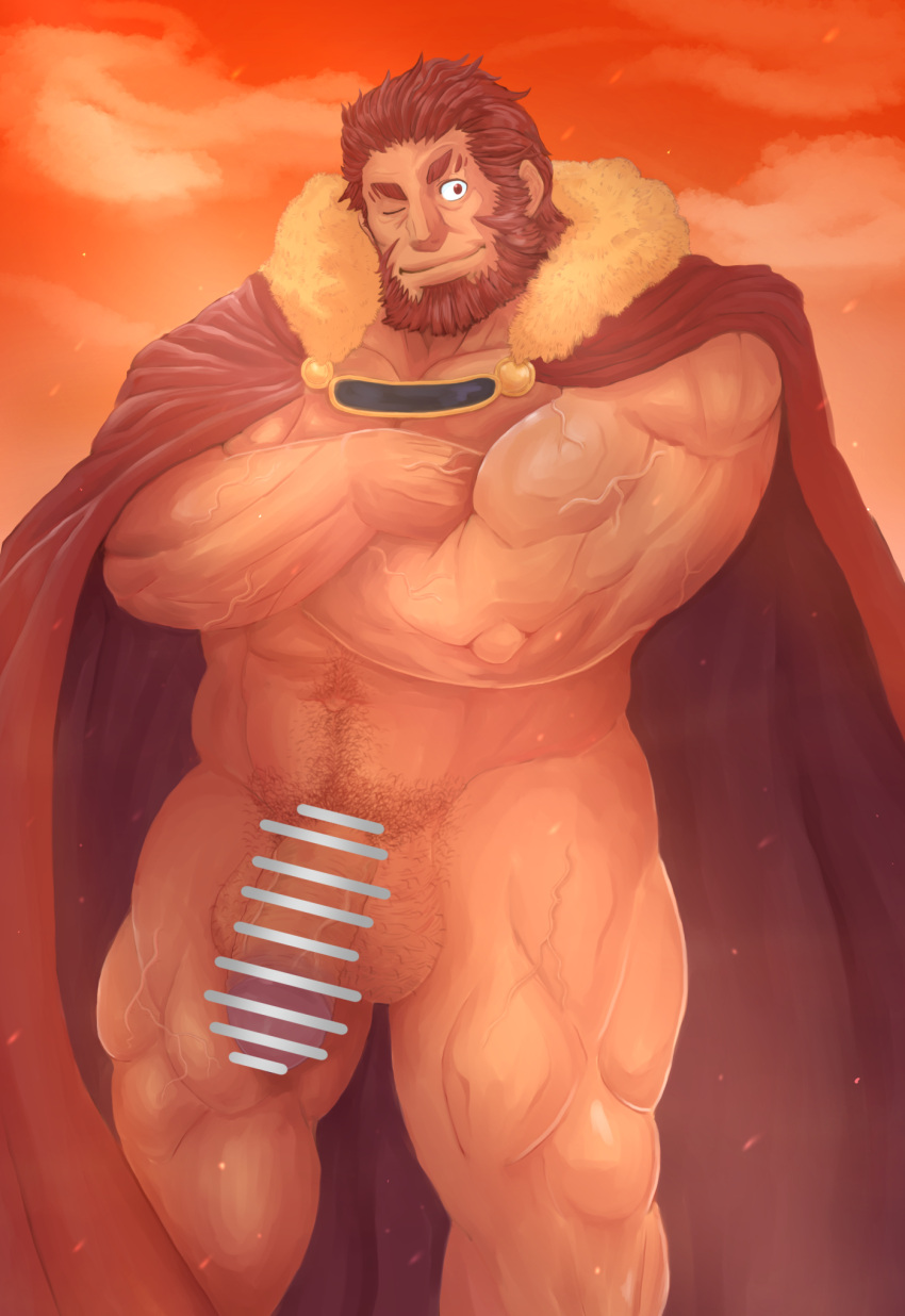 1boy bar_censor bara beard cape censored crossed_arms facial_hair fate/zero fate_(series) flaccid full_beard genta_iwayama highres iskandar_(fate) large_pectorals large_penis large_testicles male_focus male_only mature_male muscular muscular_male naked_cape old old_man one_eye_closed pectorals penis red_eyes red_hair short_hair solo testicle_hair testicles thick_beard thick_navel_hair