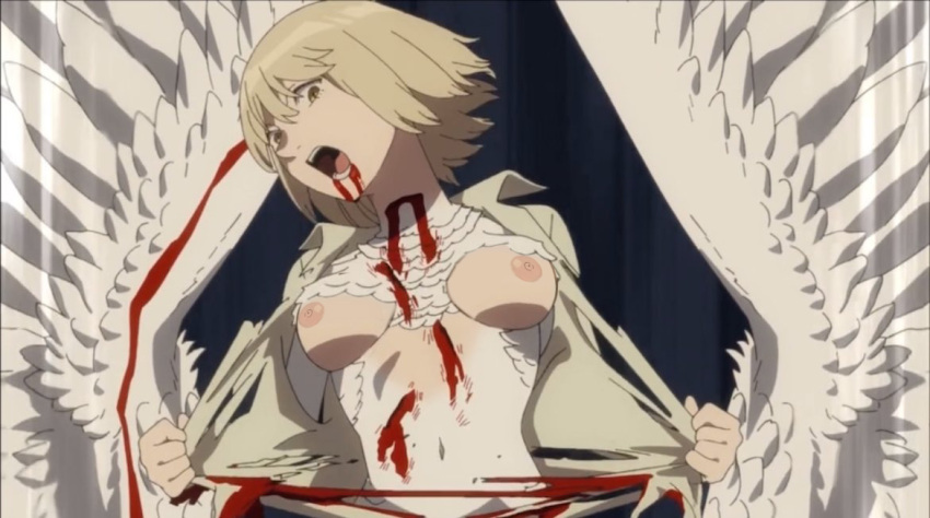 blonde_hair blood blood_in_mouth dungeon_meshi falin_touden medium_breasts monster_girl nekom14 nipples screencap short_hair torn_clothes wings