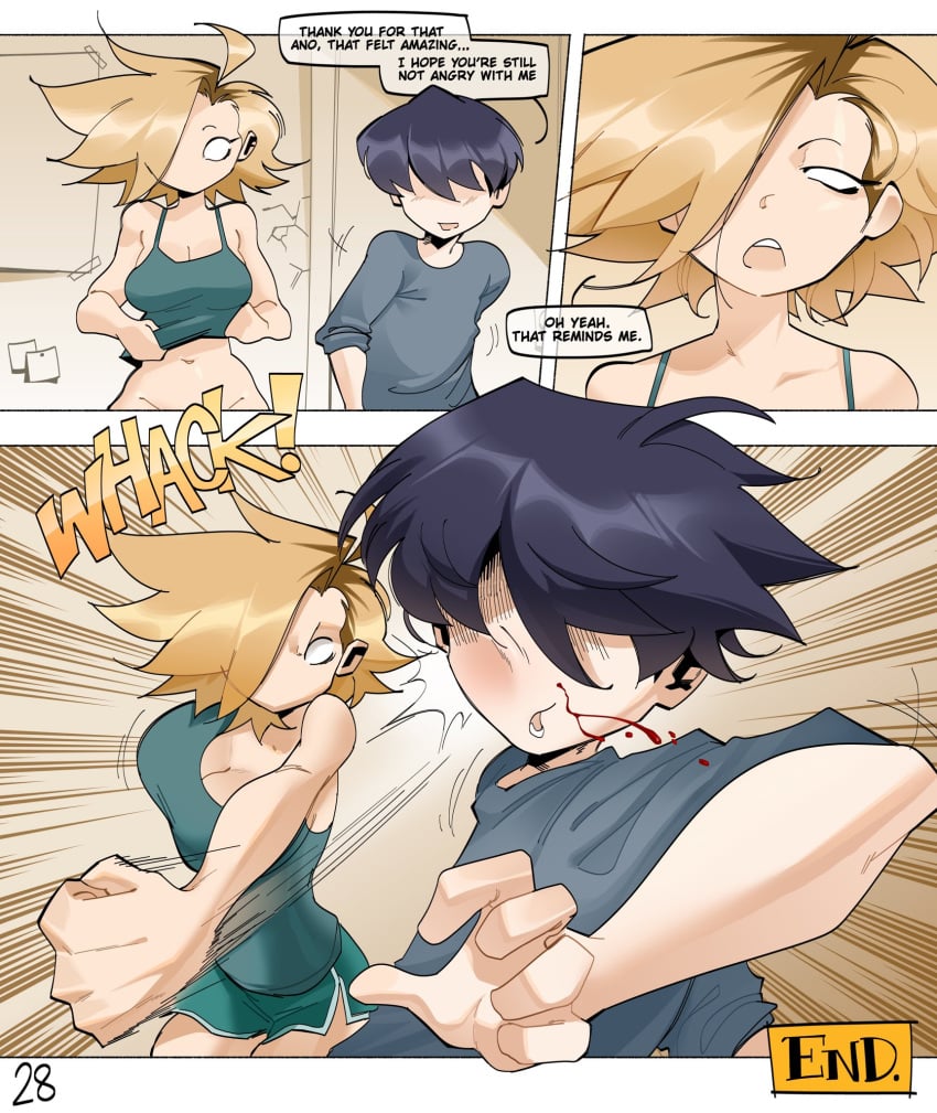 1boy 1girls after_sex ano_(anor3xia) anor3xia ass big_breasts black_hair blonde_hair blood blush breasts collarbone comic comic_page end english english_text female finn_(ngcc) getting_dressed large_breasts page_28 pelvic_line pelvic_lines punch punching short_stack sitting_on_floor smaller_male sound_effects taller_girl the_end thick_thighs