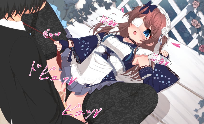 1boy absurdres black_choker black_panties black_thighhighs blue_bow blue_eyes blue_gloves blue_sleeves blush bow breasts brown_hair censored choker clothed_sex clothing_aside detached_sleeves dress eyepatch feet_out_of_frame female fingerless_gloves fishnet_thighhighs fishnets flower frilled_dress frills fujigaya_arctia gloves hair_flower hair_ornament hairbow heart highres lace_thighhighs long_hair looking_at_another lying mahjong_soul maid maid_headdress medical_eyepatch missionary mosaic_censoring necktie necktie_grab neckwear_grab on_back open_mouth panties panties_aside penis pink_flower pink_rose plant pussy pussy_juice red_necktie rose sex shinomiya_fuyumi short_dress sleeveless sleeveless_dress small_breasts solo_focus spread_legs straight thighhighs underwear vaginal_penetration variant_set vines white_flower white_rose