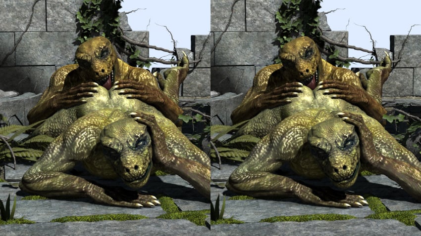 3d ambiguous_gender anal anthro ass color duo from_behind green_skin hand_on_ass hand_on_head lizard lying on_front open_mouth oral poser reptile reptilian rimming scalie sex stereogram wooky