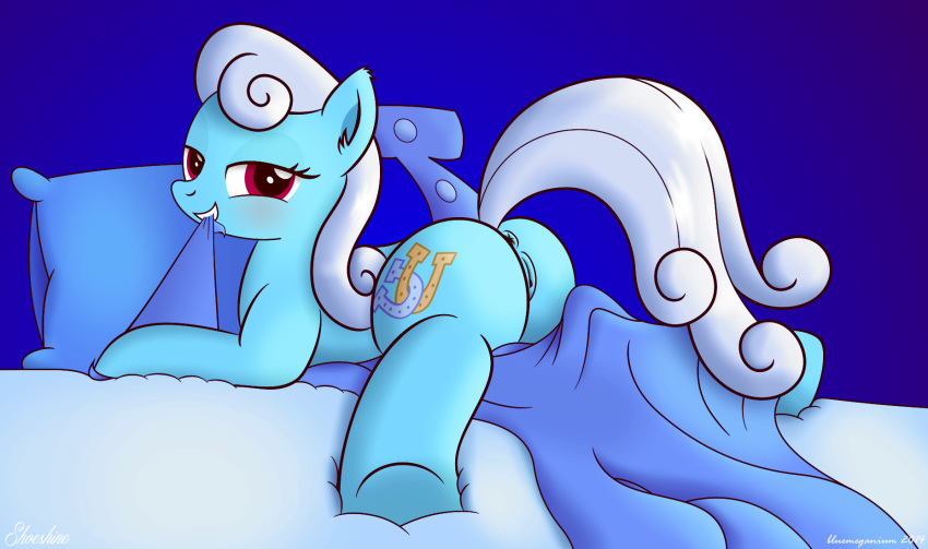 2015 anus ass bed bedroom_eyes bluemeganium blush cutie_mark earth_pony equine female feral friendship_is_magic fur hair horse looking_at_viewer looking_back lying mammal my_little_pony pillow pony presenting presenting_hindquarters puffy_anus pussy shoeshine_(mlp) smile solo spread_legs spreading