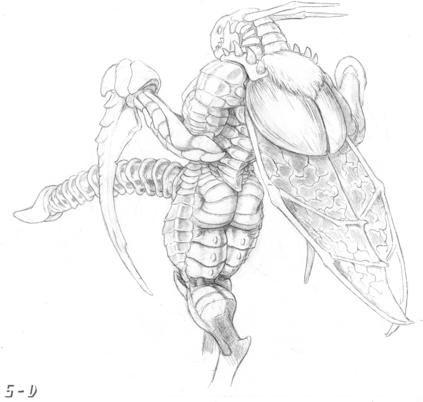 5-d anthro arthropod ass erection hyper hyper_penis insect kha'zix league_of_legends male monochrome monster pencil_(artwork) penis plain_background solo spikes standing traditional_media_(artwork) video_games white_background wings