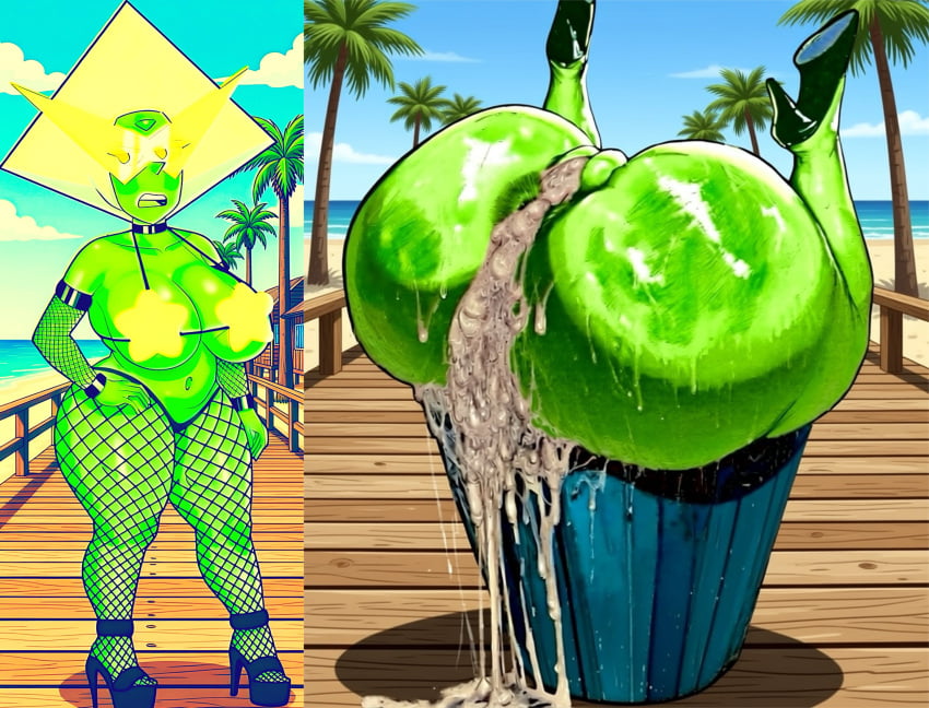 1girls 2d 2d_(artwork) ai_generated beach beach_background before_and_after big_breasts bikini combined cum cum_in_pussy cum_overflow displeased edit edited_image fishnet_armwear fishnet_clothing fishnet_legwear fishnets gem_(species) green_skin high_heels in_trash_can instant_loss_2koma peridot_(steven_universe) shaped_hair shortstack spanked spanked_butt star_bikini steven_universe stuck stuck_in_object thick_thighs trash_can upside-down yellow_hair